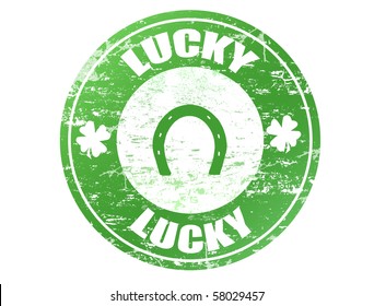 Abstract green grunge rubber office stamp with clovers, horseshoe and the text lucky written inside the stamp