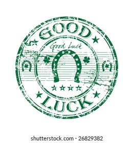 Abstract green grunge rubber stamp with horseshoe, four leaf clovers and the text good luck written around the stamp