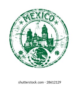 Abstract green grunge rubber stamp with the coat of arms of Mexico, small stars and the name Mexico written inside the stamp