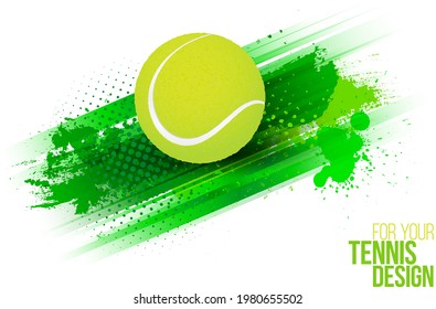 Abstract green grungy background with stripes and tennis ball. Template for your sport design. Vector illustration.