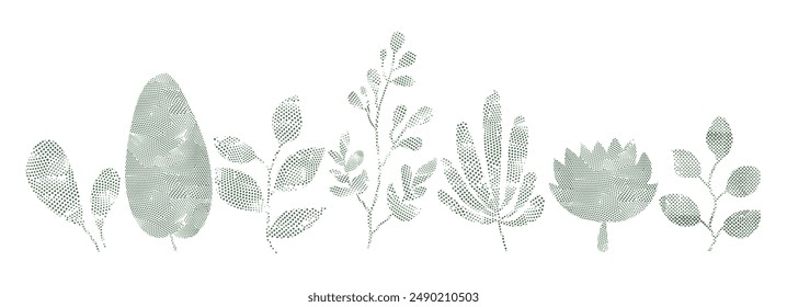 Abstract green halftone dot pattern with leaves and flower. Modern vector design featuring floral element, botanical texture, eco backdrop. Grunge, distressed effect, gothic minimal leaf illustration