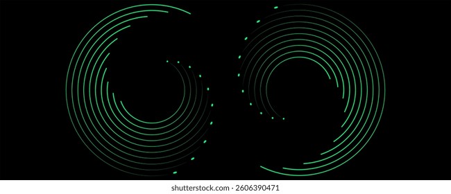 Abstract green halftone dots and lines in circle shape. Geometric art. Trendy design element for dotted frame, tech logo, tattoo, sign, symbol, web, print, template, pattern. vector