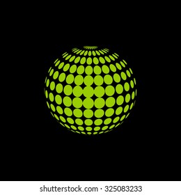Abstract green halftone globe design, black background.