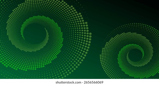Abstractas diseño en espiral de semitono verde con múltiples Formas de vórtice sobre un fondo verde oscuro. Concepto moderno, digital y futurista perfecto para fondos, gráficos tecnológicos o arte gráfico.
