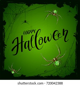 Abstract green Halloween background with spiders and black cobwebs. Lettering Happy Halloween with grunge decoration, illustration.