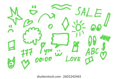 Abstract green hand drawn shapes and words kids drawings
Vector shapes set
