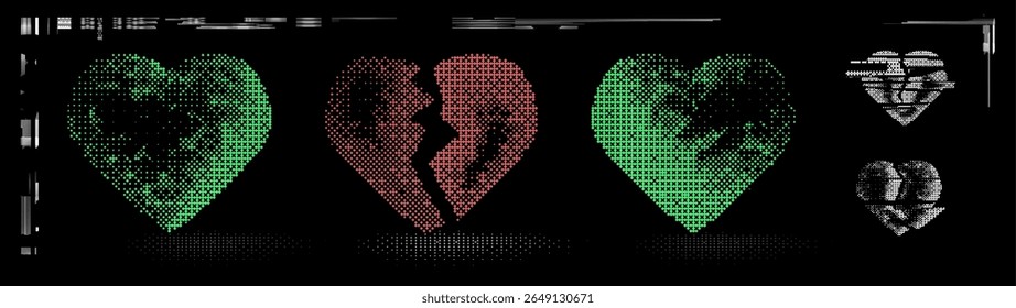Abstract green hearts with 2000 aesthetics and dadaism in raster style. 3d  set in style y2k brutalism pixel on a black background