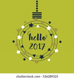 Abstract green hello 2017 circle geometrical shapes hanging ornament on green background