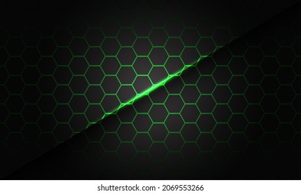 Abstract green hexagon mesh line light slash shadow on grey design modern futuristic technology background vecor illustration.