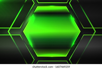 Abstract green hexagon shapes with metallic texture on dark background. Futuristic design concept with technology innovation concept for use element wallpaper, cover, banner, poster, web, presentation