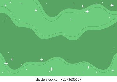 Abstract Green Holiday Background With Wavy Lines and Sparkling Stars, Wide Vector Design. Perfect for Christmas design projects requiring a calming, minimalist aesthetic