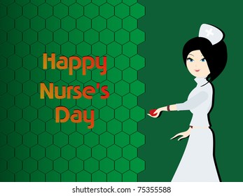 abstract green honeycomb background with cute nurse holding apple
