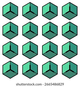 Abstract green isometric 3D cube seamless pattern. Perfect for backgrounds, digital art, or modern design projects.
