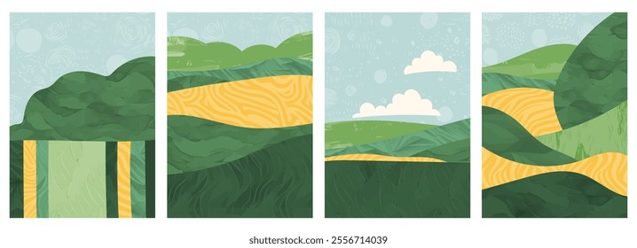 Abstract green landscape background with agriculture pattern featuring rice, wheat, corn, vineyard. Vector illustration of sustainable farm, rural plantation, agro design. Organic, geometric shapes