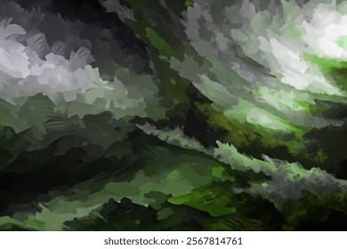 Abstract green landscape, dramatic cloud formations, textured brush strokes, moody atmosphere, nature-inspired artwork.