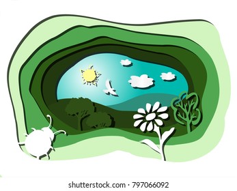 Abstract green landscape with flower and trees against blue sky with sun and clouds. Ecological concept. Vector illustration in a paper cut style.