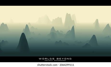 Abstract green landscape with misty fog till horizon over mountain slopes. Gradient eroded terrain surface. Worlds beyond.