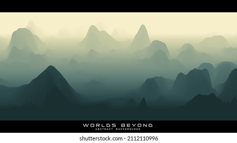 Abstract green landscape with misty fog till horizon over mountain slopes. Gradient eroded terrain surface. Worlds beyond.