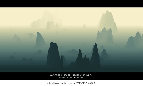 Abstract green landscape with misty fog till horizon over mountain slopes. Gradient eroded terrain surface. Worlds beyond.