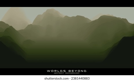 Abstract green landscape with misty fog till horizon over mountain slopes. Gradient eroded terrain surface. Worlds beyond.