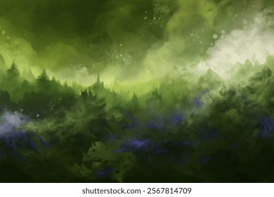 Abstract green landscape, misty mountains, atmospheric depth, digital painting, serene nature scene, artistic background.