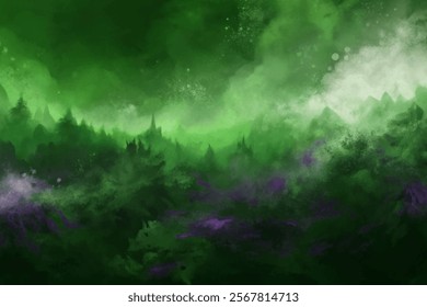 Abstract green landscape, mystical fog, atmospheric depth, vibrant colors, artistic expression, nature-inspired design.