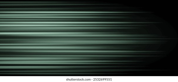 Abstract green laser beam. Lighting effect. Directional spotlight. Light streaks fading into darkness on a black background, creating a dynamic and abstract effect.