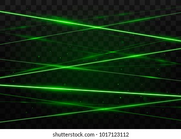 Abstract green laser beams. Isolated on transparent black background. Vector illustration, eps 10.