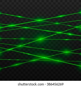 Abstract green laser beams. Isolated on transparent black background. Vector illustration, eps 10.