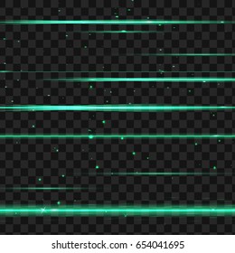 Abstract green laser beams isolated on transparent black background. Vector illustration
