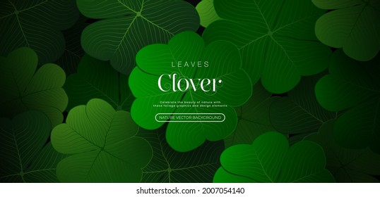 Abstract green leaf clover texture. Hand drawn leaves clover pattern on dark background. Nature tropical dark green leaves graphic design element. Modern simple nature wallpaper concept.