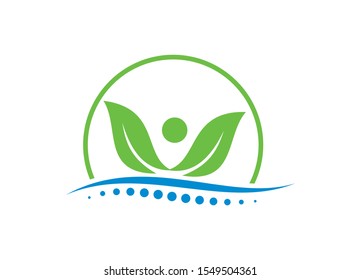 Abstract green leaf human figure and blue wave spine logo symbolizing health and wellness