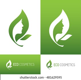 Abstract green leaf icon with woman profile . Can be used as logo for natural, eco cosmetics, beauty or skin care, spa center etc.