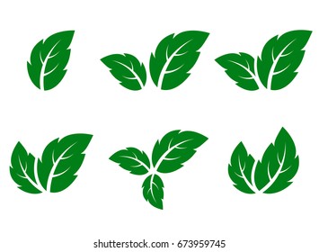 abstract green leaf icons set on white background