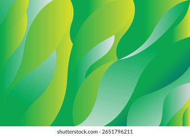 Abstract green leaf wave pattern background with smooth flowing shapes, layered gradient in green, lime and blue colors, organic curves like leaves, soft light reflections, eco friendly and nature ins