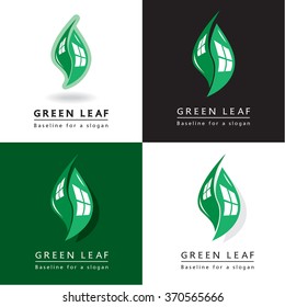 Abstract green leaf with windows, graphic symbol, vector icon, sign.