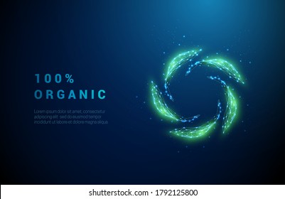 Abstract Green Leafs In Circle. Low Poly Style Design. Blue Geometric Background. Wireframe Light Connection Structure. Modern 3d Graphic Ecology Concept. Isolated Vector Illustration.