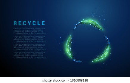 Abstract green leafs in circle. Low poly style design. Blue geometric background. Wireframe light connection structure. Modern 3d graphic ecology concept. Isolated vector illustration.