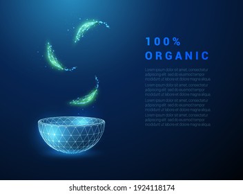 Abstract green leafs falling in blue bowl. Organic food concept. Low poly style design. Geometric background. Wireframe light connection structure. Modern 3d graphic. Isolated vector illustration.