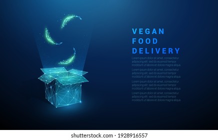 Abstract green leafs falling in open box. Vegan food symbol. Low poly style design. Geometric background. Wireframe light connection structure Modern 3d graphic concept Isolated vector illustration