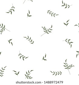Abstract green leave or foliage on white background. Hand drawn elements brances in natural summer seamless pattern. Art decorative organic botany environment concept. Fresh garden vector illustration