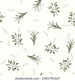 Abstract green leave or foliage on white background. Hand drawn elements brances in natural summer seamless pattern. Art decorative organic botany environment concept. Fresh garden vector illustration