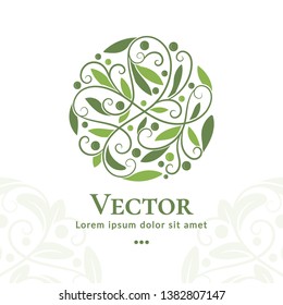 Abstract green leaves emblem template with organic vector elements. Can be used for logo and monogram. Great for invitation, flyer, menu, brochure, background or any desired idea.
