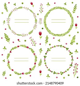Abstract green leaves and pink flowers wreath watercolor illustration