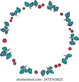 Abstract green leaves with red berries wreath illustration for decoration on nature and Christmas holiday.