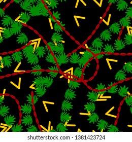 abstract green leaves with red chains and yellow figures on a black background