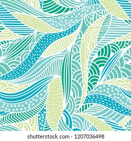 Abstract green leaves shapes, doodle waves background. Seamless vector organic shape pattern.