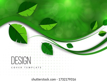 Abstract green leaves, waves, bright modern background, flare. Ecology concept. Vector illustration for your design.