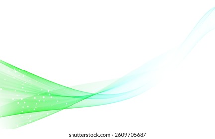 Abstract green and light blue waves elegantly sweep across a white backdrop, dotted with subtle white particles.