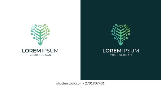 Abstractas de bombilla verde con Inspiraciones de diseño de logotipos de tecnología de rayas de puntos. Vector único del concepto de Tecnología de conexión genial.	
